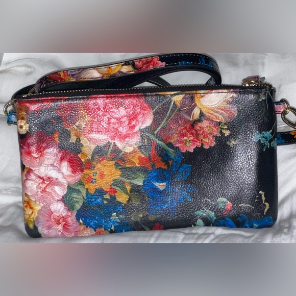 Black Leather clutch with flowers and crossbody shoulder bag. LODIS 9x5x0.5” - Picture 5 of 13